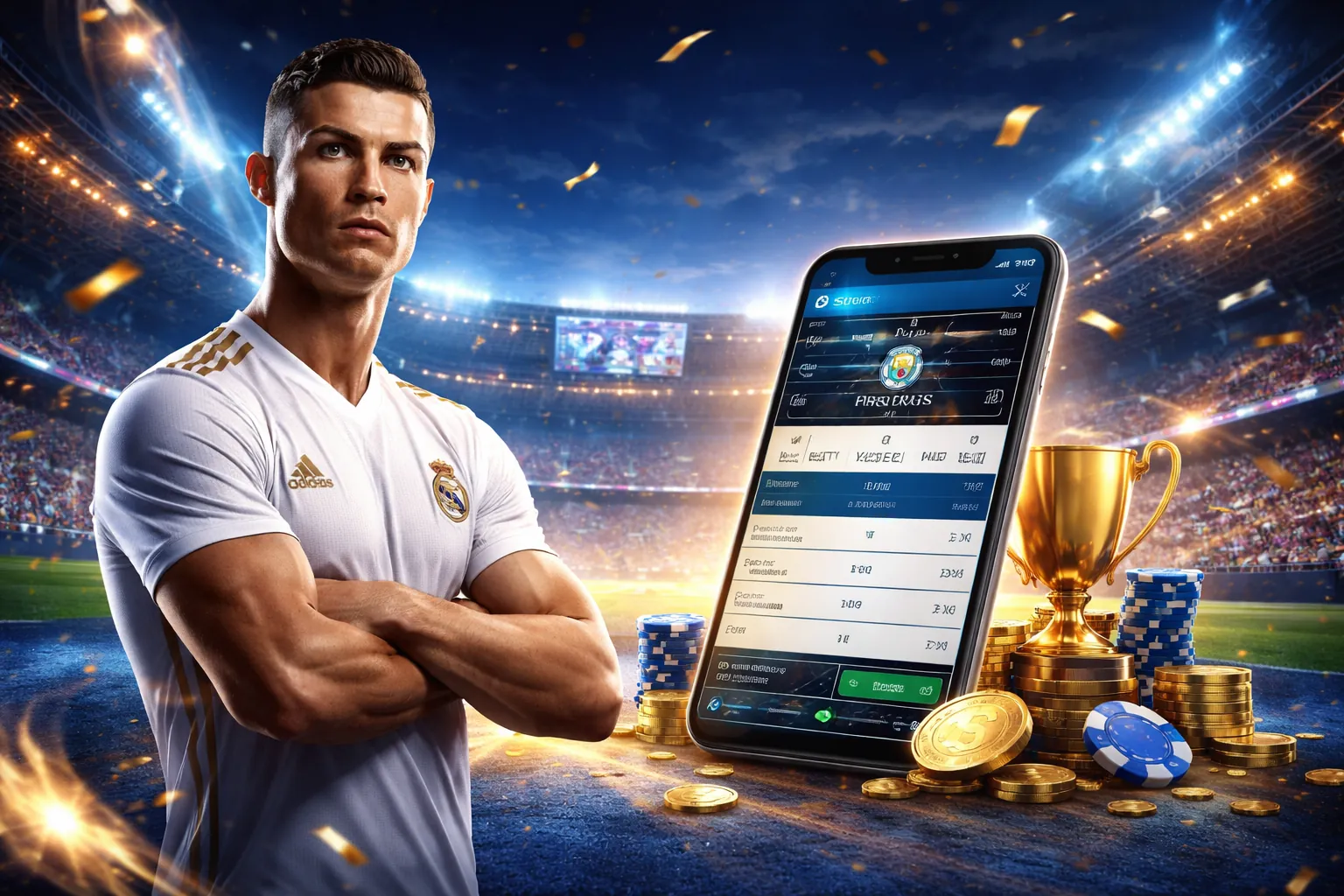Sân vận động với ánh đèn rực rỡ, biểu tượng 96win và các môn thể thao đa dạng